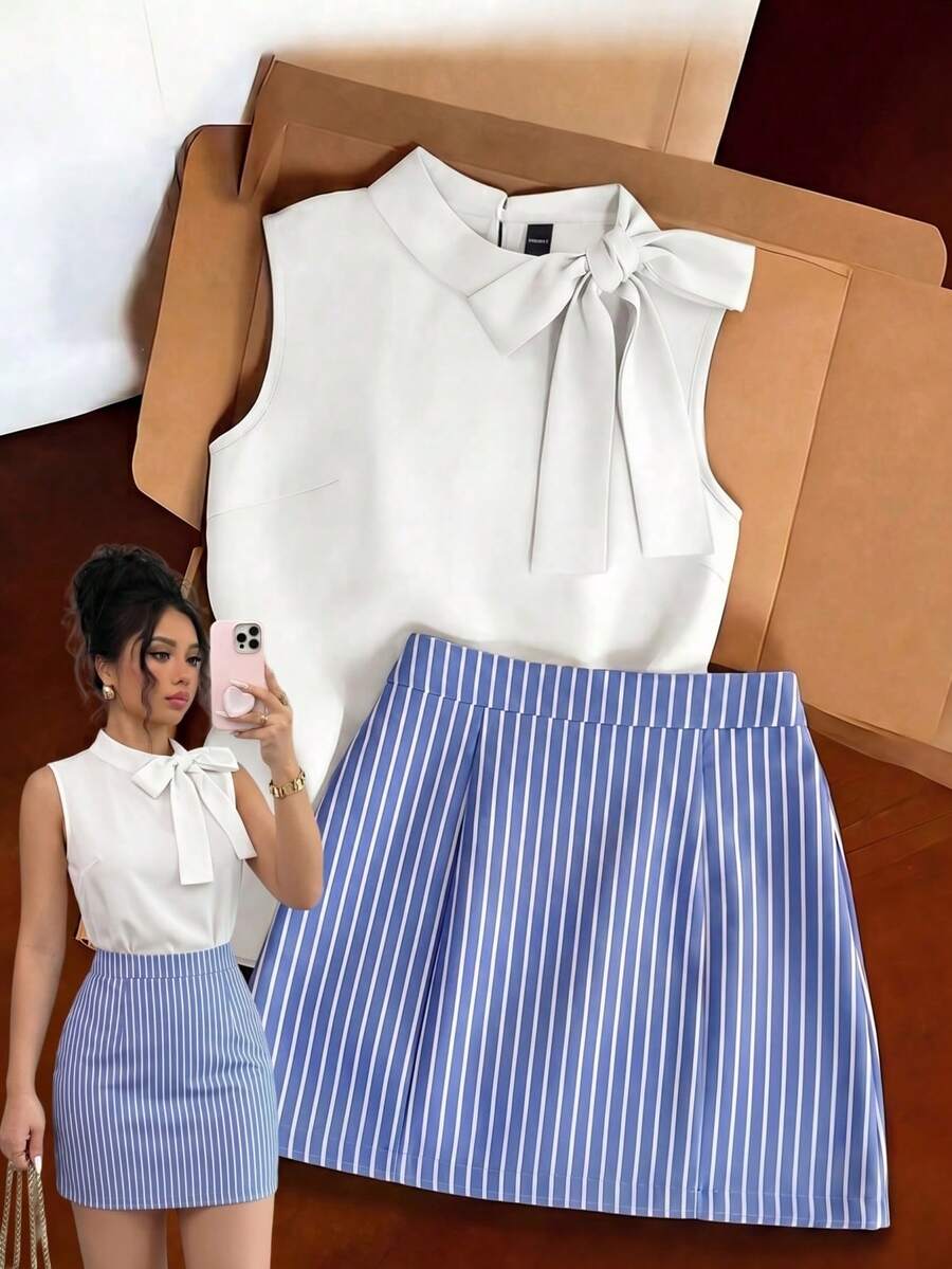 SHEIN Franclia 两件套 时尚简约打结领无袖衬衫和条纹迷你裙 - 藍白色 - 查看 1