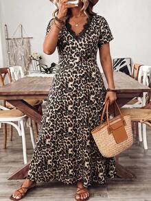 Breezaya Vestido elegante de talla grande para mujer con estampado de leopardo y parches de encaje en escote en V, adecuado para ir al trabajo - Multicolor - Ver 1