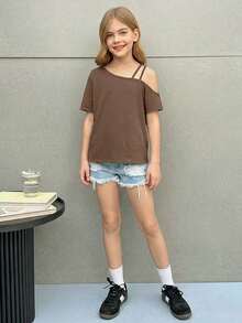 Firerie Kids Firerie Kids Nova Glow 少女休闲度假纯色针织单肩短袖上衣 - 棕色 - 查看 3