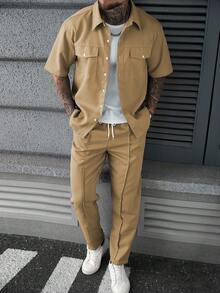 SLATEMANN Men's Simple Casual Solid Color Front Button Short Sleeve Shirt And Pants Set, Summer - Khaki - View 3