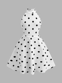 SHEIN 少女休闲优雅波点印花A字露背连衣裙半身裙 - 黑與白 - 查看 5