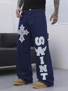 Manfinity Roghcode Men's Letter & Cross Graphic Wide Leg Loose Casual Jeans - Dark Wash - View 1