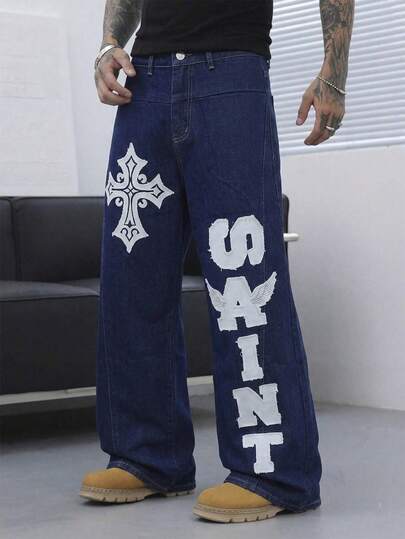 Manfinity Roghcode Men's Letter & Cross Graphic Wide Leg Loose Casual Jeans