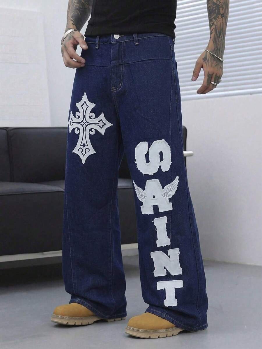 Manfinity Roghcode Men's Letter & Cross Graphic Wide Leg Loose Casual Jeans - Dark Wash - View 1
