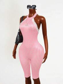 Mistrie Bộ jumpsuit nữ gợi cảm, thoải mái, phong cách nghỉ dưỡng, in họa tiết, phối ren tương phản, hở lưng, buộc dây phía trước. - Hồng - Xem 5