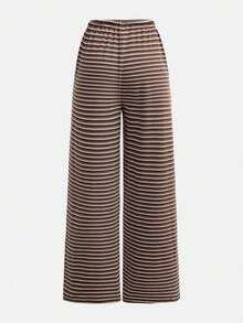 SHEIN Girlism Teenager Mädchen Frühling/Sommer Neue Schwarz & Weiß strukturierte gestreifte Hose mit Kordelzug Taille, Casual - Braun - Übersicht 2