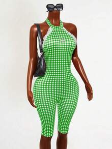 Mistrie Bộ jumpsuit nữ gợi cảm, thoải mái, phong cách nghỉ dưỡng, họa tiết ren, hở lưng, buộc dây phía trước. - màu xanh lá - Xem 6