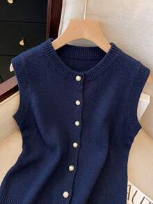 Franclia Áo khoác cardigan len nữ thanh lịch, tối giản, phong cách Pháp, đa năng, sang trọng. - Màu xanh hải quân - Xem 3