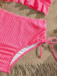 Swim Vcay Women's Solid Color Textured Fabric Sweet Ruffle Drawstring High Waist Cropped Camisole Bikini Top For Beach Vacation - Hot Pink - View 5