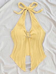 SHEIN Tall CURVE Plus Size Casual Solid Color Backless Halter Top - Light Yellow - View 5