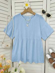 SHEIN EZwear 100%純棉淺藍色亞麻編織女款襯衫，夏季上衣，適合日常通勤、約會、聚會、秋冬/夏季、聖誕節、新年、感恩節、派對、婚禮、海灘、畢業典禮、時尚、優雅、休閒、外出、約會、預約、通勤、亮麗、情人節、優雅、度假 - 淺藍色 - 查看 6