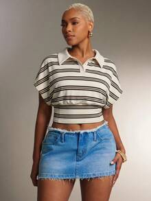 Denimoi Cinched Waist Collared Striped Polo Top Fashionable Tops Collared Top - Apricot - View 3