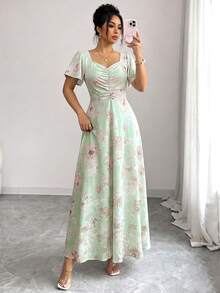 SHEIN Elenzya 女士玫瑰碎花褶皱前片荷叶袖腰部A字连衣裙，魅力优雅休闲度假通勤性感时尚约会法式街头复古百搭春夏红白多色新款短袖长裙 - 薄荷綠 - 查看 6