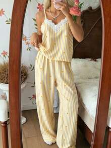 CottageSlumber Bộ đồ ngủ nữ họa tiết trái tim kẻ sọc, cổ chữ V, phối ren tương phản, gồm áo hai dây và quần, thích hợp cho mùa xuân/hè. - Nhiều màu - Xem 1