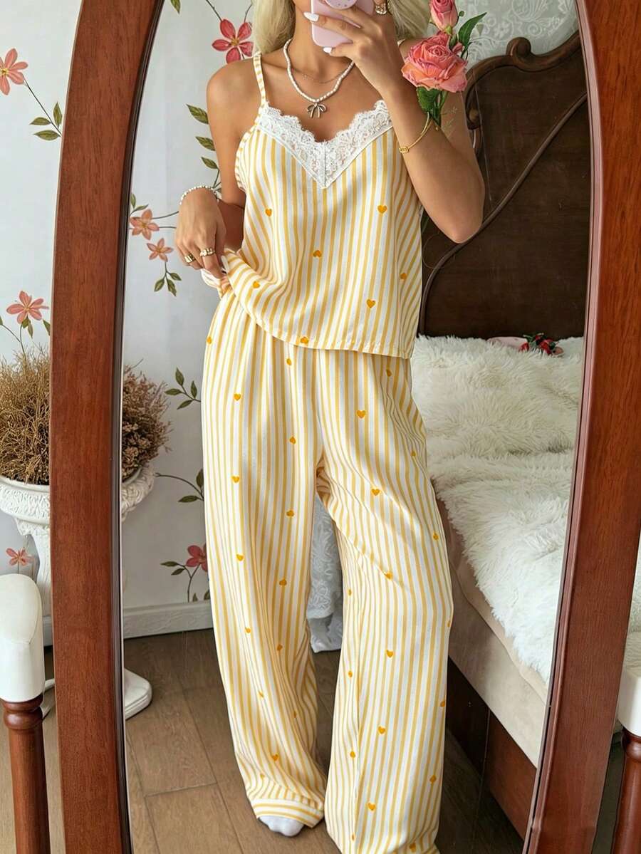 CottageSlumber Bộ đồ ngủ nữ họa tiết trái tim kẻ sọc, cổ chữ V, phối ren tương phản, gồm áo hai dây và quần, thích hợp cho mùa xuân/hè. - Nhiều màu - Xem 1