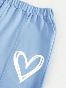 SHEIN Girlism Completo casual da ragazza adolescente in maglia blu oliva, con collo rotondo, spalle cadenti, plissettatura e stampa, adatto per uso quotidiano, streetwear, sport, vacanze, attività all'aperto in famiglia, picnic primaverili e varie occasioni - Blu - Visualizzare 7