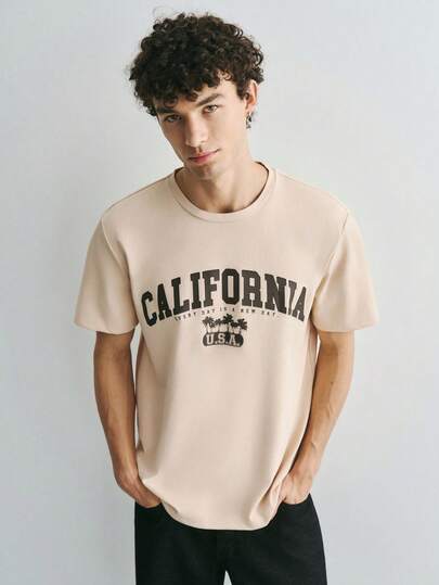 Sonviro Camiseta redonda de manga corta casual minimalista de hombre, talla estándar, con estampado de "California" en color caqui, apta para el verano (tela)