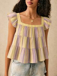 SHEIN Frenchy 女士休闲条纹荷叶边领衬衫，夏季 - 彩色 - 查看 4