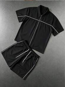 SLATEMANN Men's Striped Zip Collar Contrast Color Short Sleeve Shirt And Drawstring Waist Pocket Shorts Set - Black - View 3