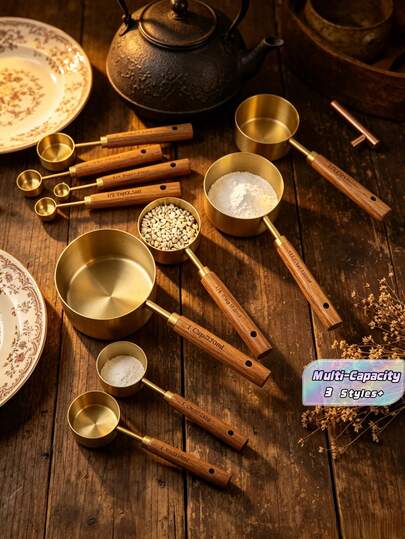 4/8 Peças Conjunto de Xícaras e Colheres de Medida, Conjunto de Xícaras de Medida e Colheres de Medida em Aço Inoxidável, Xícaras de Medida em Aço Inoxidável com Cabo de Madeira de Acácia para Ingredientes Secos e Líquidos, Ferramentas de Cozimento DIY, Colher de Tempero, Colher para Pó, Colher de Café