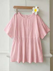 SHEIN EZwear 100%純粉色亞麻編織女款襯衫，夏季上衣，適合日常通勤、約會、派對、秋冬/夏季、聖誕節、新年、感恩節、派對、婚禮、海灘、畢業典禮、時尚、優雅、休閒、外出、約會、預約、通勤、亮麗、情人節、優雅、度假、休閒、Y2K、外出、畢業典禮及其他場合。 - 淺粉色 - 查看 4
