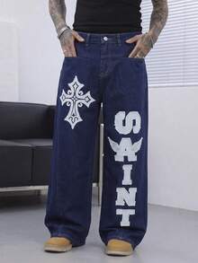 Manfinity Roghcode Men's Letter & Cross Graphic Wide Leg Loose Casual Jeans - Dark Wash - View 3
