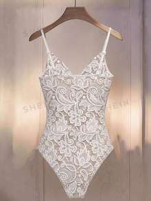 Franclia Plus Size Faux Lace Digital Print Solid Color Bodysuit - Apricot - View 2