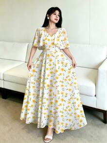 Modelyn 女款短袖洋裝，女款短袖數位印花收腰洋裝，披肩袖荷葉邊裙襬優雅美觀，迷人淑女，時尚優雅Y2K風格，聚酯纖維材質，適合外出、節慶、派對。女款夏季洋裝，女款約會、派對、度假洋裝。女款洋裝，碎花洋裝，海灘度假碎花洋裝 - 白色 - 查看 3