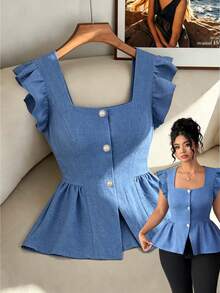 Elenzga Summer Fashionable Casual French Retro Elegant Vacation & Commute Square Collar Cap Sleeve Blouse - Blue - View 1
