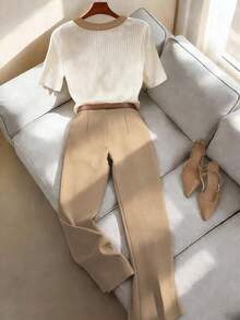 GlowEve 2pcs Women Spring/Autumn Round Neck Color Block Short Sleeve T-Shirt And Pants Set - Khaki - View 2