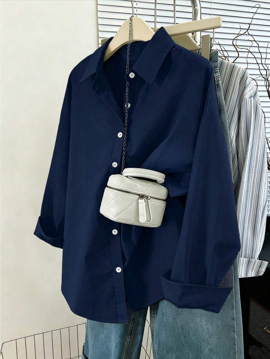 Resyla Women's Solid Color Casual Loose Long Sleeve Shirt - Navy Blue - View 1