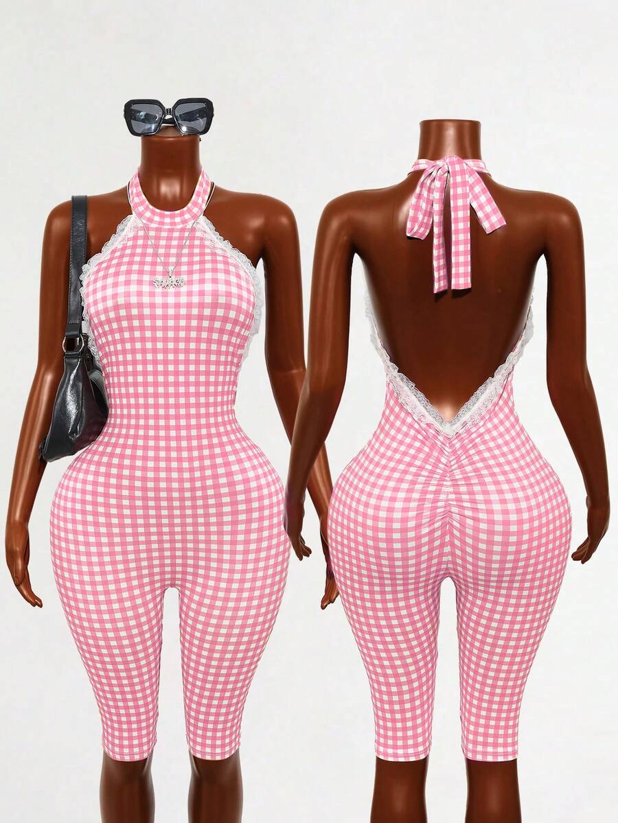 Mistrie Bộ jumpsuit nữ gợi cảm, thoải mái, phong cách nghỉ dưỡng, in họa tiết, phối ren tương phản, hở lưng, buộc dây phía trước. - Hồng - Xem 1