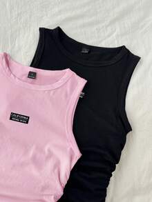 Tseoso 2pcs/Set Women Casual Minimalist Logo Embroidered Tight Fit Camisole, Suitable For Summer,Summer Top - Multicolor - View 3