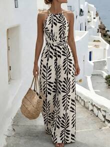 SHEIN Elenzya Mono de pierna ancha con tirantes de espagueti y cintura ceñida, con estampado en blanco y negro, diseño encantador y elegante para vacaciones, playa, calle, viajes diarios, sexy y romántico, negocios, citas, vacaciones, mono sin mangas en blanco y negro - Multicolor - Ver 6