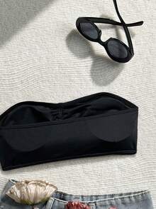 SHEIN Swim 女士纯色抹胸上衣，饰有3D立体花卉图案，夏季沙滩比基尼泳装 - 黑色 - 查看 5