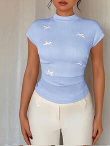 Rafferiza Versatile French Pleated Bowknot Short Sleeve T-Shirt - Blue - View 4