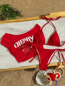 Swim SXY 女款3件式泳裝套裝：櫻桃印花無肩帶網紗罩衫 + 紅色掛脖比基尼，性感時尚休閒海灘度假可愛穿搭 - 彩色 - 查看 1