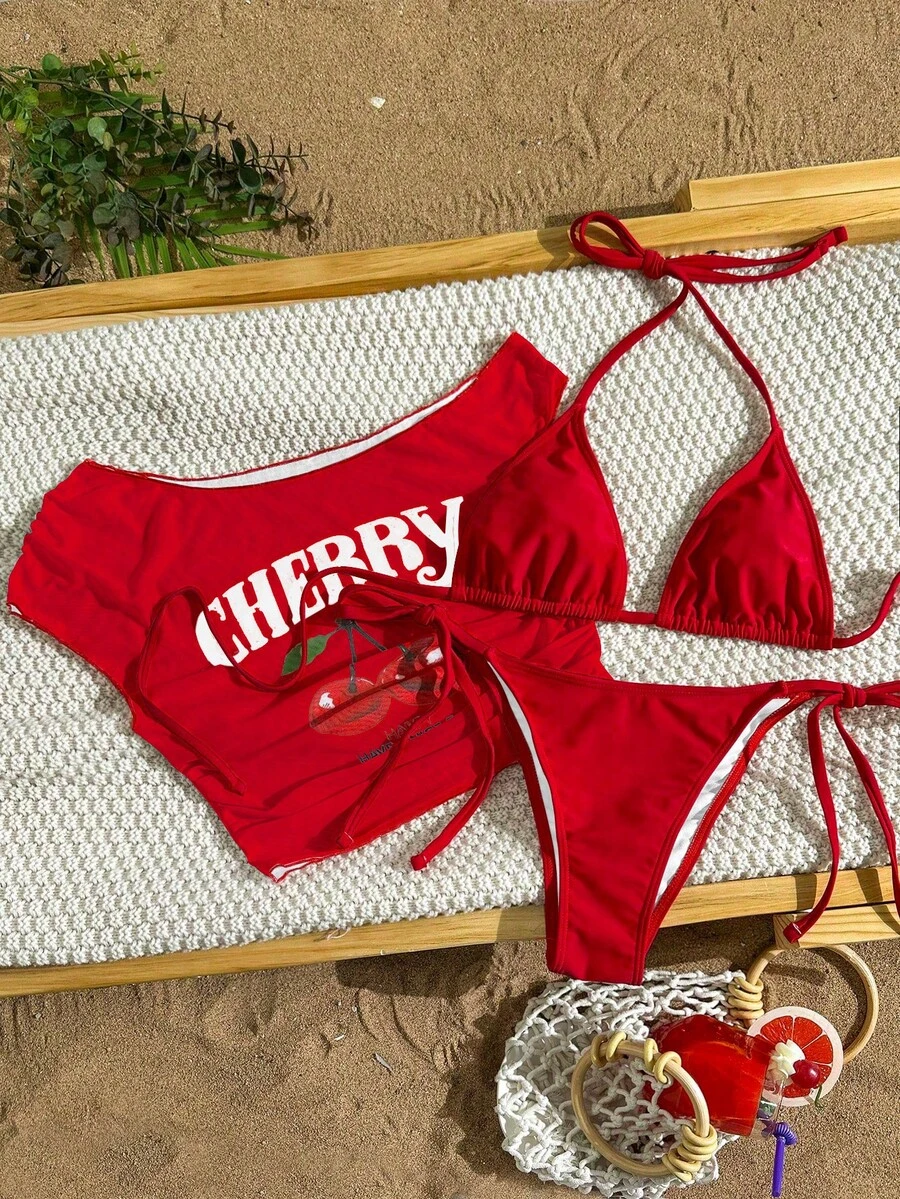 Swim SXY 女款3件式泳裝套裝：櫻桃印花無肩帶網紗罩衫 + 紅色掛脖比基尼，性感時尚休閒海灘度假可愛穿搭 - 彩色 - 查看 1