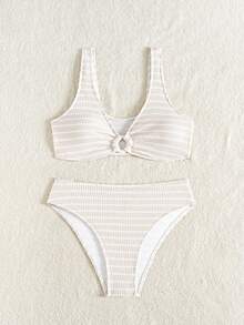 Swim Vcay Striped Print V-Neck Ring Decor Bikini Set For Summer Beach Vacation - Apricot - View 6