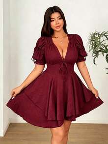 Vionelle Plus Size Deep V-Neck Puff Sleeve Fitted Party Mini Dress - Burgundy - View 7