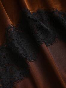 Sweetra Y2K Sexy Lace Patchwork Elegant Resort Satin Mini Skirt - Coffee Brown - View 6