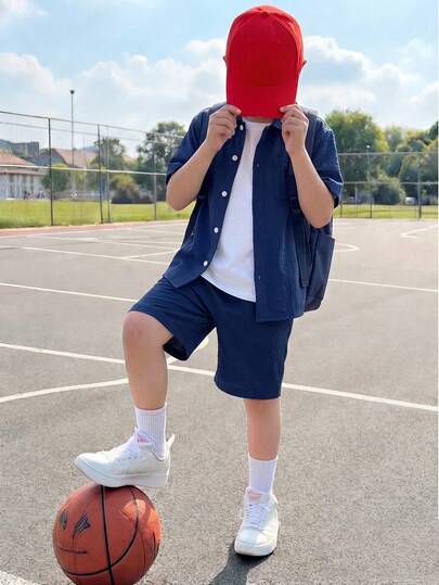 SHEIN Tween Boy Solid Button Front Shirt & Shorts Without Tee, School, Campus, College Summer Holiday