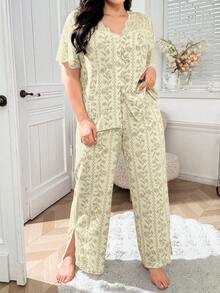 Serenescape Wisteria Floral Lace Patchwork Sheer Shoulder Pajama Set, Plus Size - Mint Green - View 7