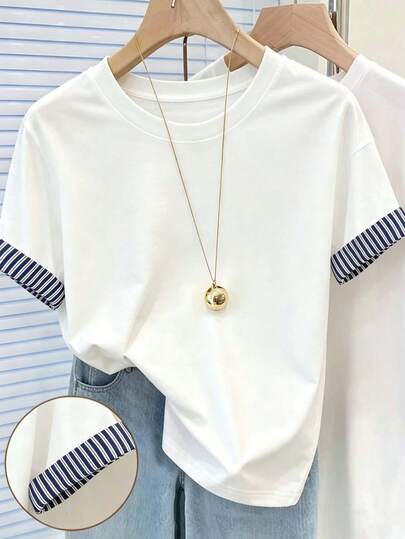 Franclia Women's Summer Casual Raglan Sleeve T-Shirt, Vertical Striped Print Pattern, Elegant Design, Versatile