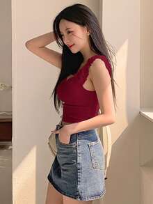 DAZY Women Ruched Camisole, Fitted And Versatile Valentine's Day Crop Top - Burgundy - View 3