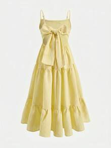 SHEIN Young Girl Woven Solid Color Casual Modest Jumpsuit Dress Holiday Holiday Vacation Yellow Summer - Mustard Yellow - View 5
