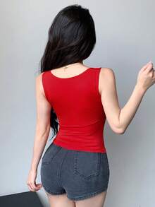 DAZY Women's Casual Solid Color Ruched Slim Fit Tank Top, Summer - Red - View 5