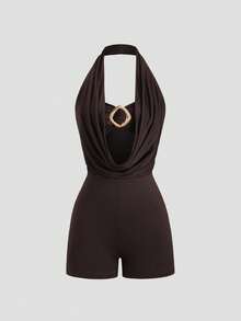 Sweetra Women's Fashionable Sexy Bandage Backless Spaghetti Strap Jumpsuit, Hollow Out Design, Slim Fit, Brown And Gold Color, Summer Night Out - Brown - View 1