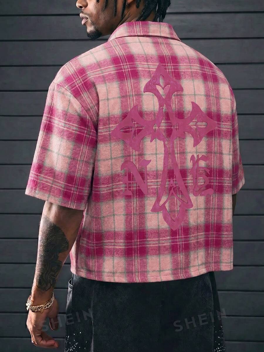 AXEPEAK Men's Cross-Patterned Plaid Short-Sleeved Casual Shirt - Pink - View 1