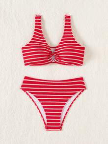 Swim Vcay Bikini hai mảnh gợi cảm kết nối sọc bãi biển mùa hè dành cho nữ - Đỏ và trắng - Xem 6